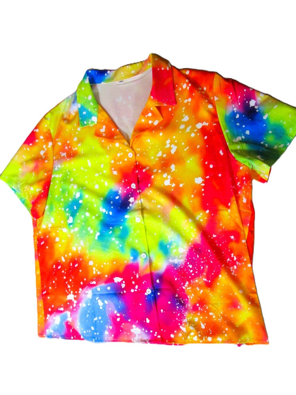Women's Tie-Dye Button Up Blouse Size 2XL Vibrant Rainbow Splash Print Dopamine